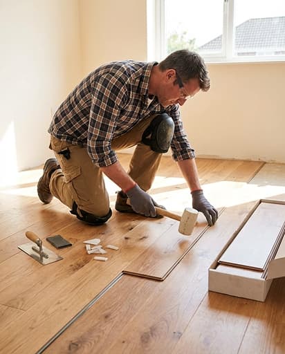 Technician repairing flooring after water damage
